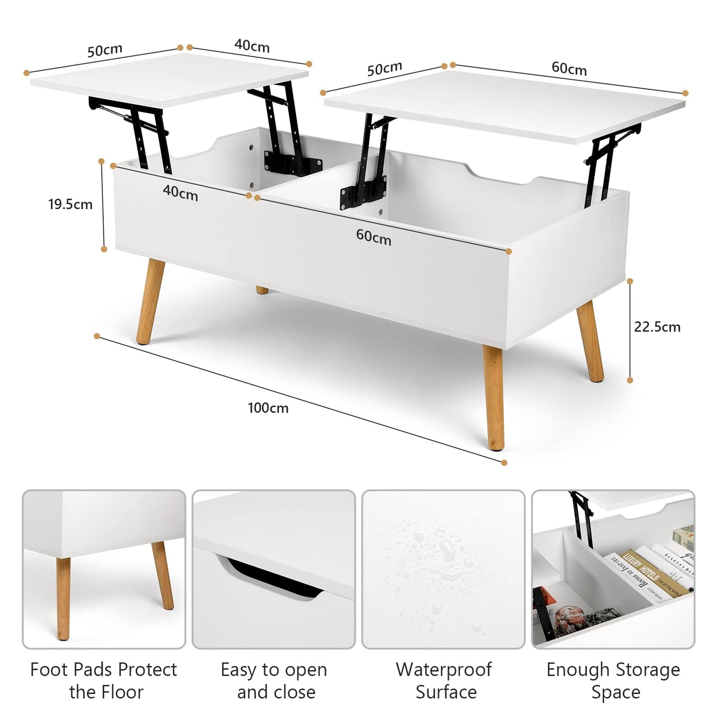 VOWNER Coffee Table, Lift Top Coffee Table with Separate and Hidden Storage Compartment, Double Lift Tabletop, Sofa Table for Home Living Room, White - WoodArtSupply