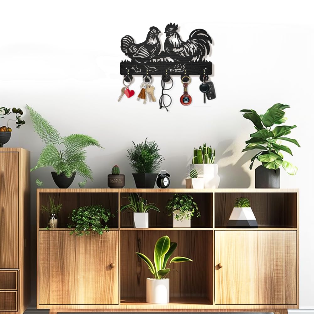 MAYJOYDIY Rooster Hen Coat Hooks Wall Mount Wood Farmhouse Animal Mushroom Key Holder for Wall 11.8×7.9inch Decorative Key Rack 5 Alloy Hooks for Gift Hallway Entryway Kitchen Farm Decor MAYJOYDIY