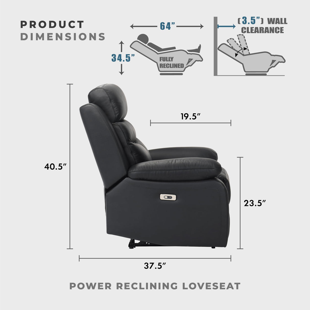 Lexicon Recliner Sofa for Living Room, Double Reclining RV Couch, Power Wall Hugger Recliner Home Theater Seating Leather Match Reclining Sofa, with USB Charge Port, 64''W Loveseat, Black Lexicon