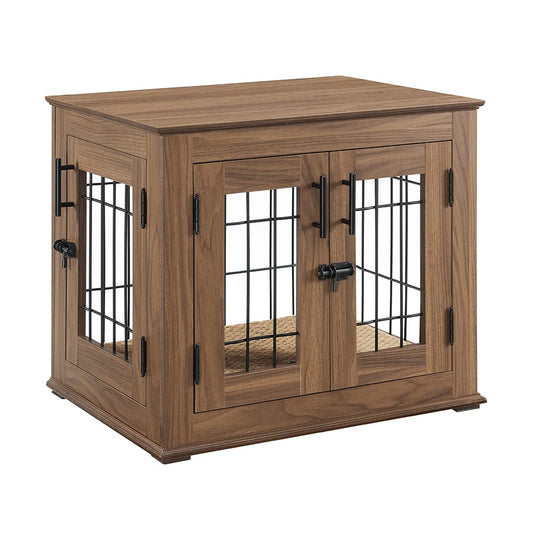 beeNbkks Furniture Style Dog Crate End Table, Double Doors Wooden Wire Dog Kennel with Pet Bed, Decorative Pet Crate Dog House Indoor Medium Large