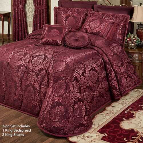 Touch of Class Camelot Luxury Bedding | Robust Burgundy | Matte Satin Damask on Richly Textured Jacquard-Woven Chenille | Designed 3 Piece Set Includes King Quilted Bedspread and 2 King Shams Touch of Class