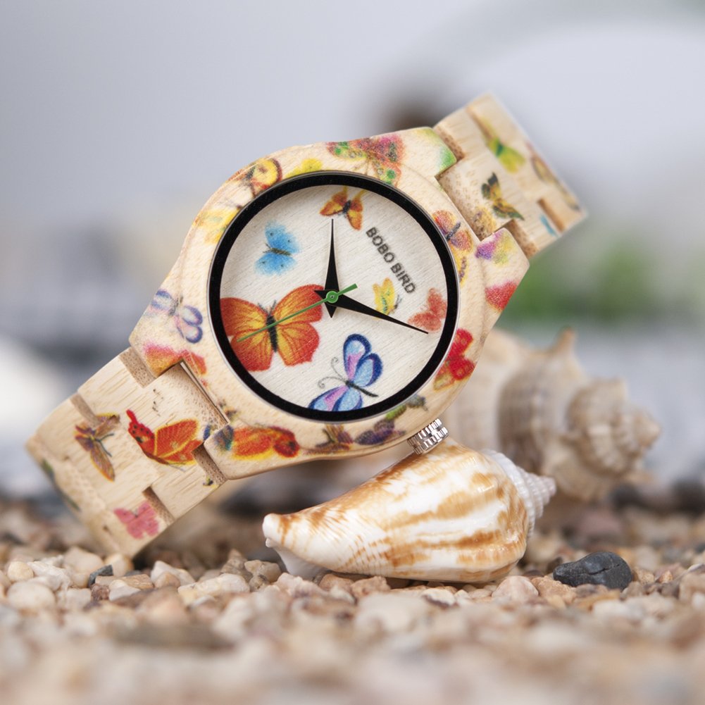 BOBO BIRD Women's Bamboo Watch Butterfly Engraved Handmade Wooden Casual Watches BOBO BIRD