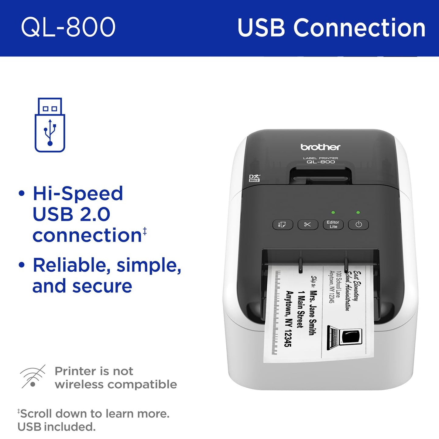 Brother QL-800 High-Speed Professional Label Printer, Plug & Label Feature, Brother Genuine DK Pre-Sized Labels, Multi-System Compatible – Black & Red Printing Available (Required USB Cable Included)