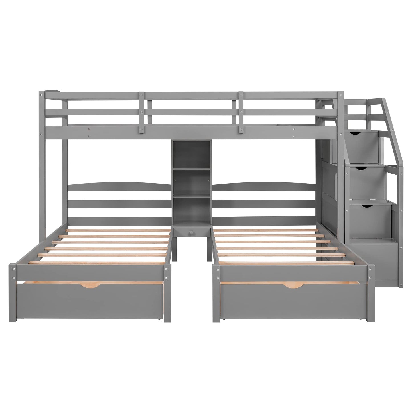 Harper & Bright Designs WoodenTriple Bunk Beds with Stairs & Storage Drawers,Twin Over Twin Bunk Bed for 3 Kids,3 Bunk Beds Frame with Built-in Shelves for Kids,Teens,Adults,No Box Spring Needed,Gray