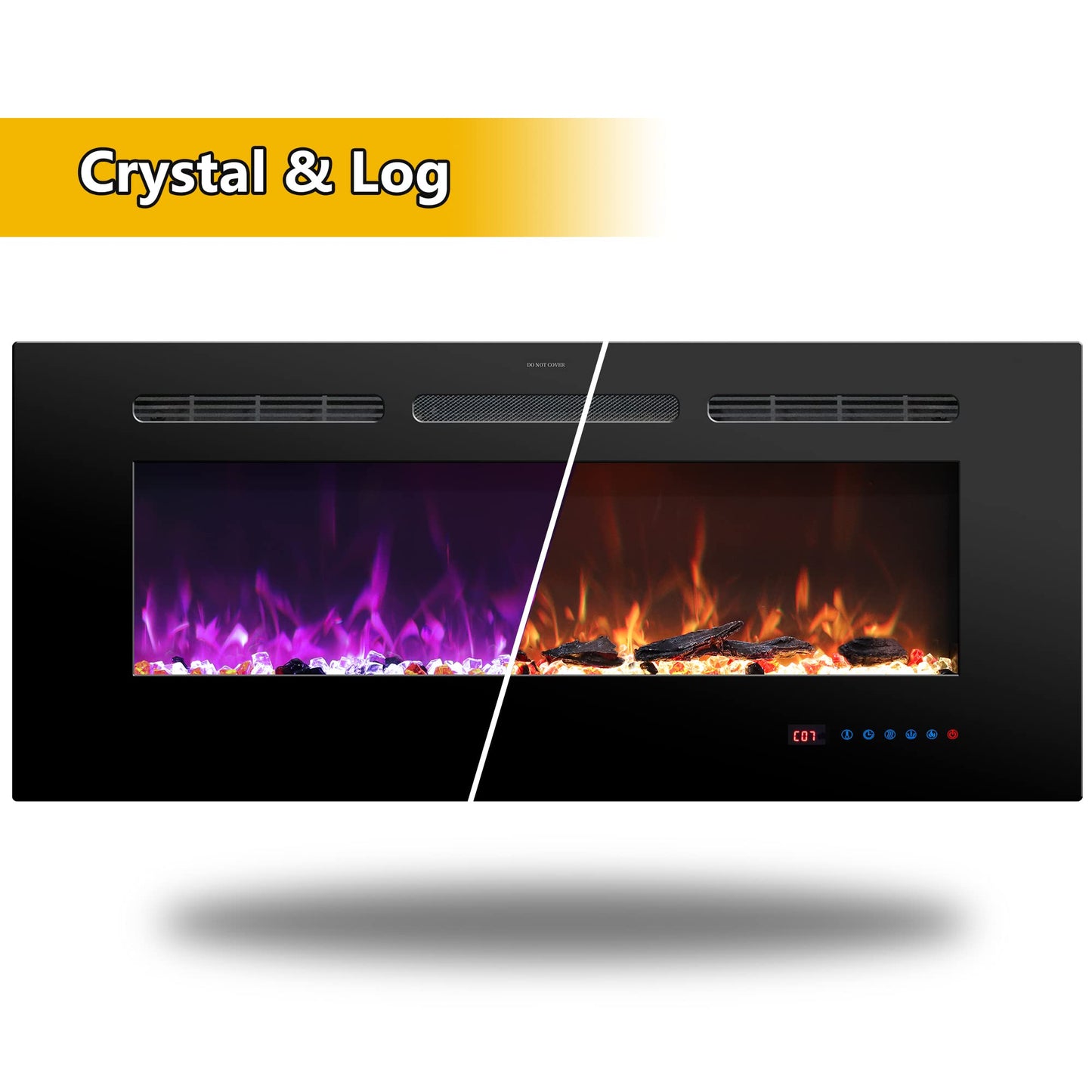 Rodalflame 72 Inches Electric Fireplace Inserts, Recessed and Wall Mounted Fireplace Heater for Indoor Use with Remote Control, 13 Color Flames with Log &Crystal, 9H Timer, 750/1500W