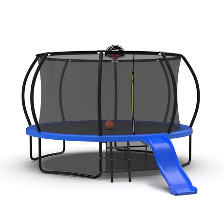 Lyromix Trampoline Outdoor with Slide, 14FT Outdoor Trampoline with Basketball Hoop, Recreational Trampolines with Enclosure Net & Ladder for Kids and Adults, Acid Blue Lyromix
