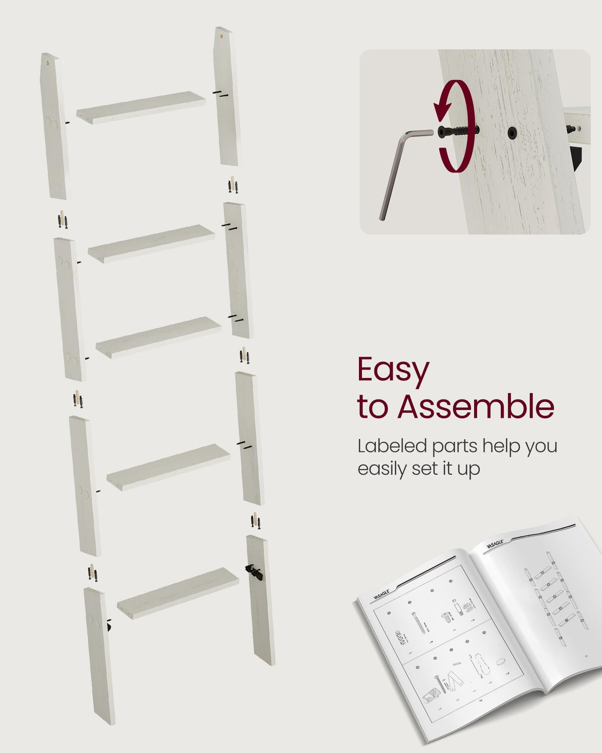 VASAGLE Blanket Ladder Decorative Farmhouse for The Living Room, 5-Tier Ladder Shelf, Ladder Rack for Storage and Decor, Rustic White ULLS018W73 VASAGLE