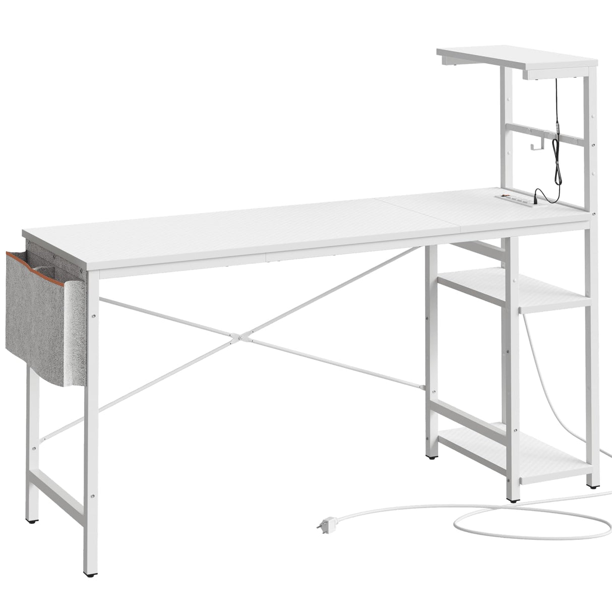 Bestier Gaming Desk with Power Outlets, 61 Inch Large Led Gamer Desk with 4 Tiers Reversible Shelves, PC Gaming Table with Headset Hook & Side Storage Bag for Bedroom (White 3D Carbon Fiber) Bestier