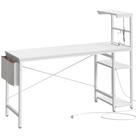 Bestier Gaming Desk with Power Outlets, 61 Inch Large Led Gamer Desk with 4 Tiers Reversible Shelves, PC Gaming Table with Headset Hook & Side Storage Bag for Bedroom (White 3D Carbon Fiber) Bestier