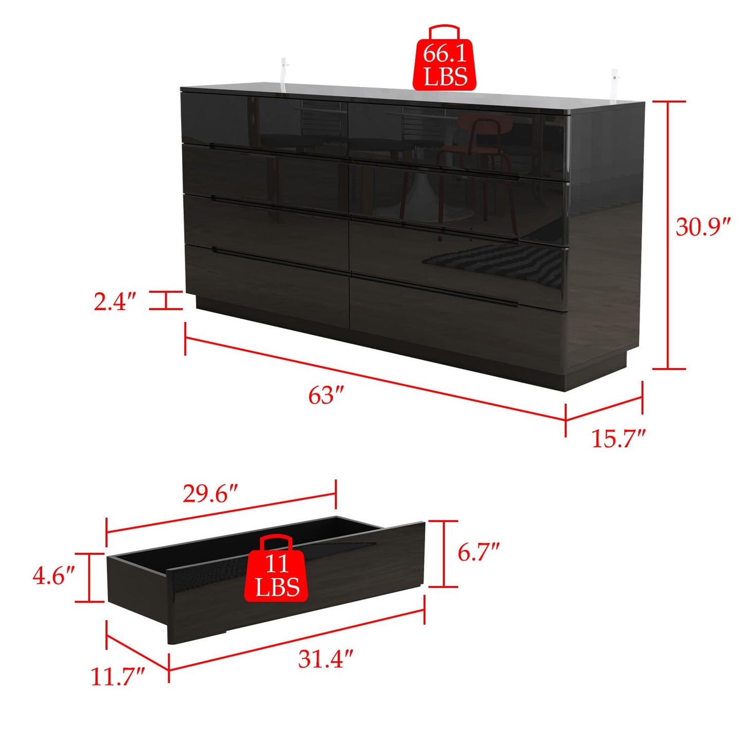 Homsee Large 8 Drawer Double Dresser with LED Light, Modern Dresser Chest of Drawers with High Gloss Surface for Bedroom, Black (63”W x 15.7”D x 30.9”H) - WoodArtSupply