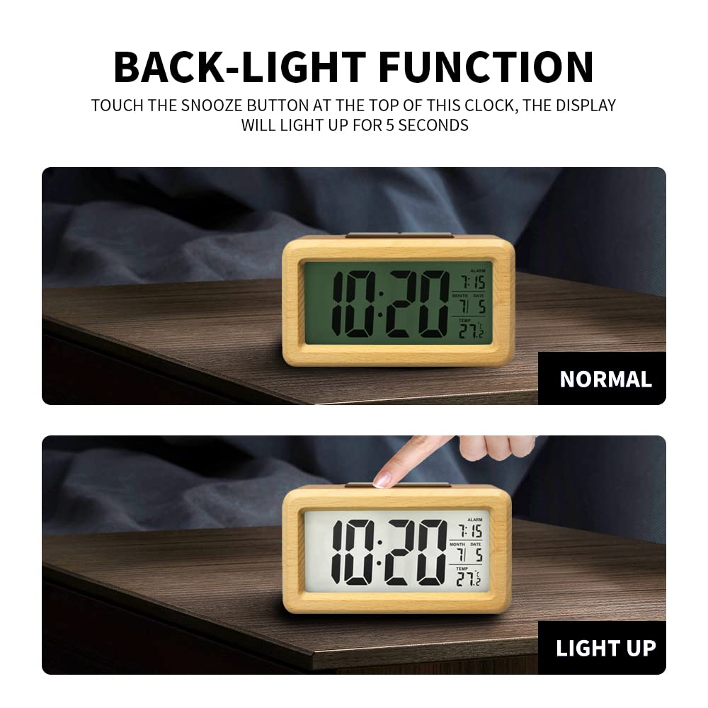 everwood Wooden Digital Alarm Clocks for Bedrooms Battery Operated, Wooden LCD Digital Clock with Smart Sensor Night Light, Temperature Detect, Snooze Function everwood