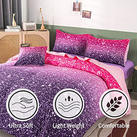 RYNGHIPY 6Pcs Twin Gradient Pink Purple Glitter Comforter Sets for Teens Girls Kids, Colorful Rainbow Glitter Themed Bedding Set RYNGHIPY
