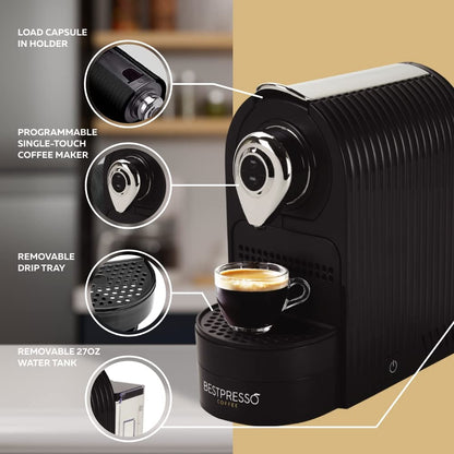 Bestpresso Espresso Machine Single Serve Coffee Maker Compatible with Nespresso Original Capsules - Programmable, One-Touch, Premium, Italian 19 Bar High Pressure Pump