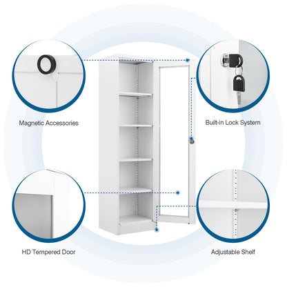 PEUKC Display Cabinet with Glass Doors, Curio Cabinets with 4 Adjustable Shelves, Locking Glass Cabinet Display Case for Home, Office, Clinic, Pantry, Assemble Required(One Door-A,White)