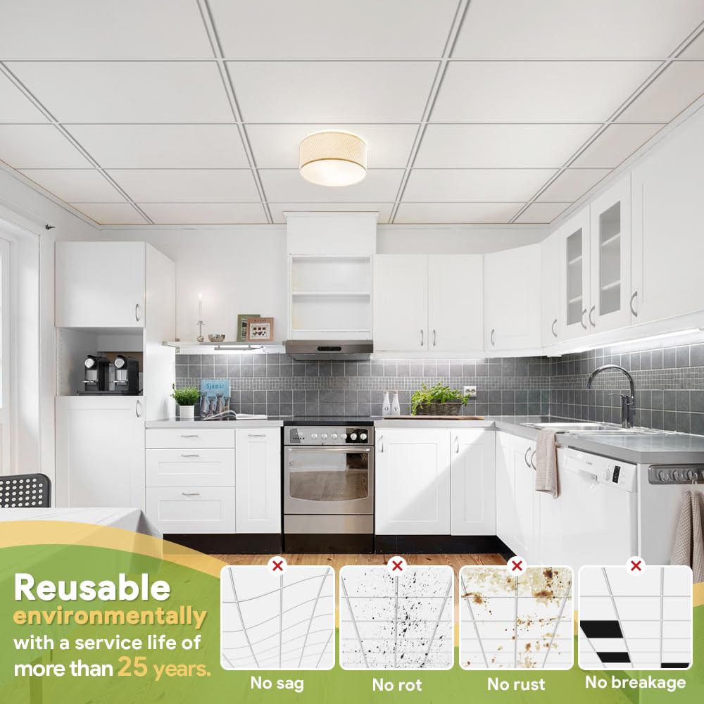 Noooza 2ft x 4ft Drop Ceiling Tiles，Smooth White PVC Ceiling Panel 24 x 48in. Waterproof, Washable and Fire-Rated - Reusable - High-Grade PVC to Prevent Breakage-Package of 10 Tiles Noooza