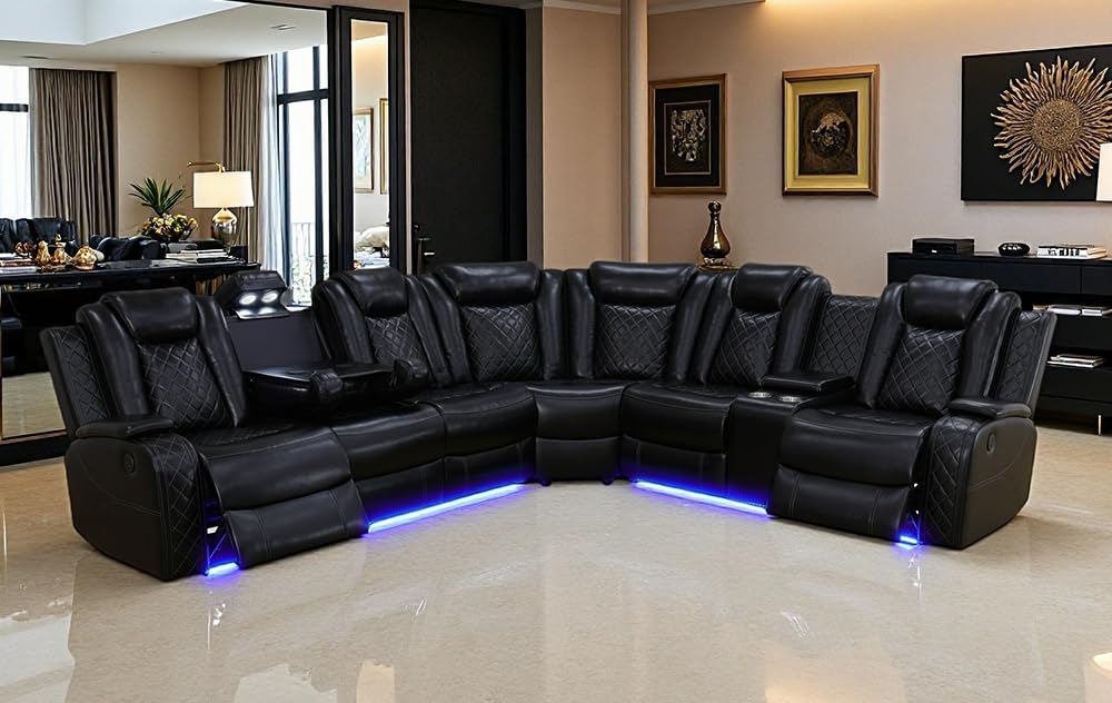 Dekmxas Living Room Furniture Set, Power Sectional Recliner Sofa Set with LED Light,Black Air Leather Power Reclining Sofa with 2 Recliner Seats/Cup Holders/USB Port/Storage Console for Living Room Dekmxas
