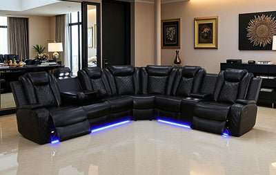 Dekmxas Living Room Furniture Set, Power Sectional Recliner Sofa Set with LED Light,Black Air Leather Power Reclining Sofa with 2 Recliner Seats/Cup Holders/USB Port/Storage Console for Living Room