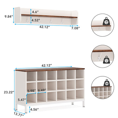 Tribesigns Hall Tree with Bench, 4-in-1 Shoe Coat Rack Set with 18 Cubbies, Shoe Bench, Hooks, and Storage Shelf for Entryway, Hallway, Closet(White & Brown)