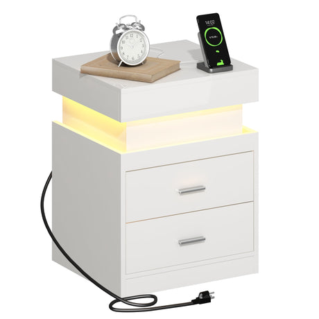ChooChoo LED Nightstand with Charging Station, Smart Night Stand with Sliding Top Storage, 2-Drawers High Gloss Bedside Table, Modern End Table for Bedroom,White ChooChoo