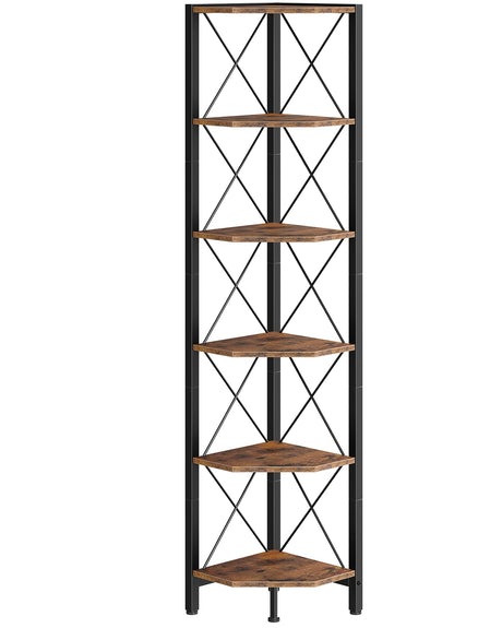 CHOEZON 6-Tier Corner Shelf, Corner Bookcase, 66.9" Tall Vertical Display Rack, Plant Stand, Open Storage Shelf, for Living Room, Bedroom, Study, Kitchen, Rustic Brown and Black TCJ13BF CHOEZON