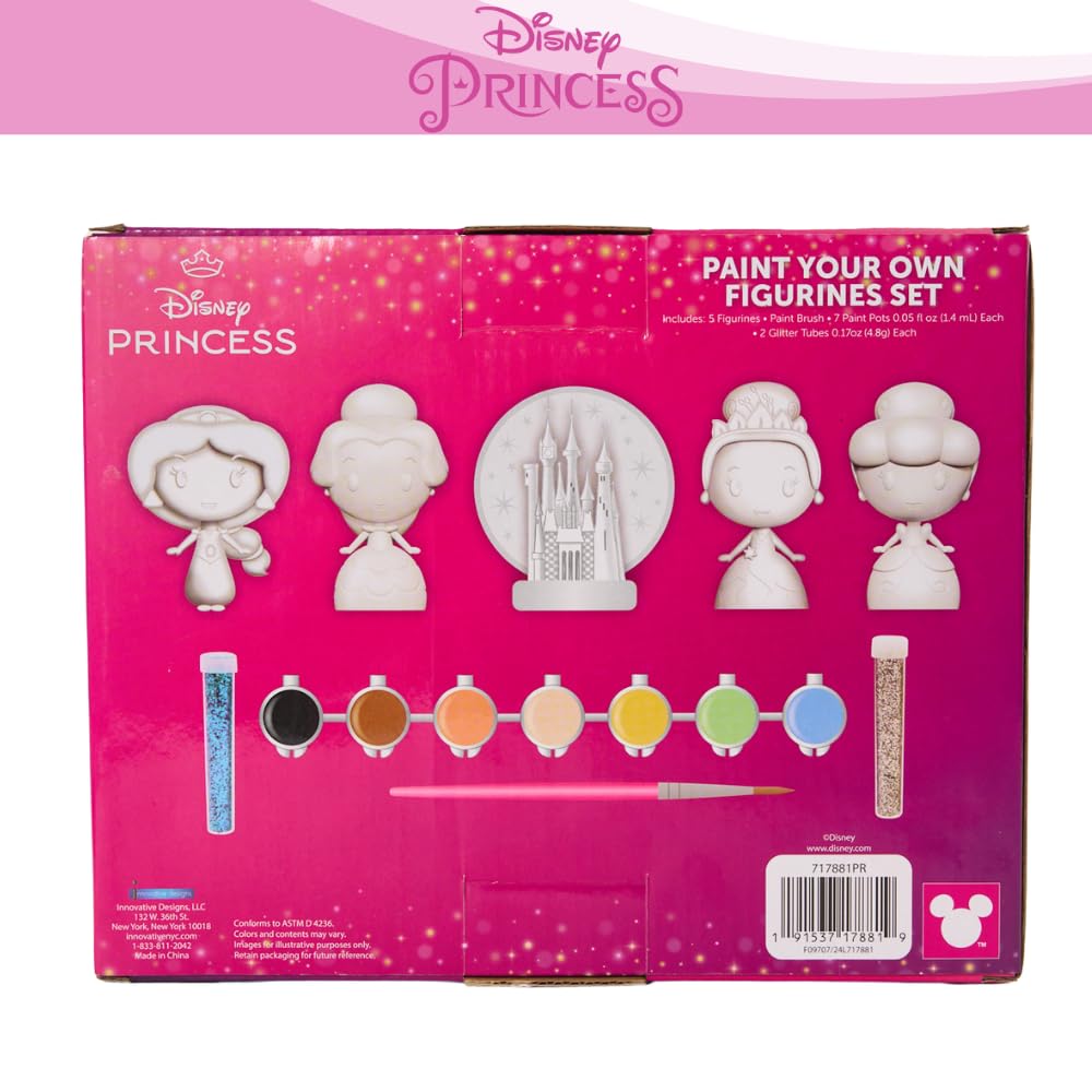Innovative Designs Disney Princess DIY Paint Your Own Figurines Arts and Crafts Set for Girls, Paint, Paint Brush, and Glitter – Cinderella, Belle, Tiana, Jasmine, and Princess Castle Innovative Designs