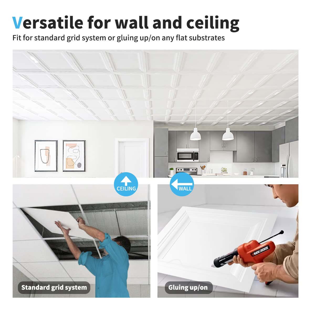 Art3d 12-Pack Square Drop Ceiling Tile 2ft x 2ft in White, PVC Ceiling Panel 24 x 24in. - Compatible with 15/16" Drop Ceiling Grid System Art3d