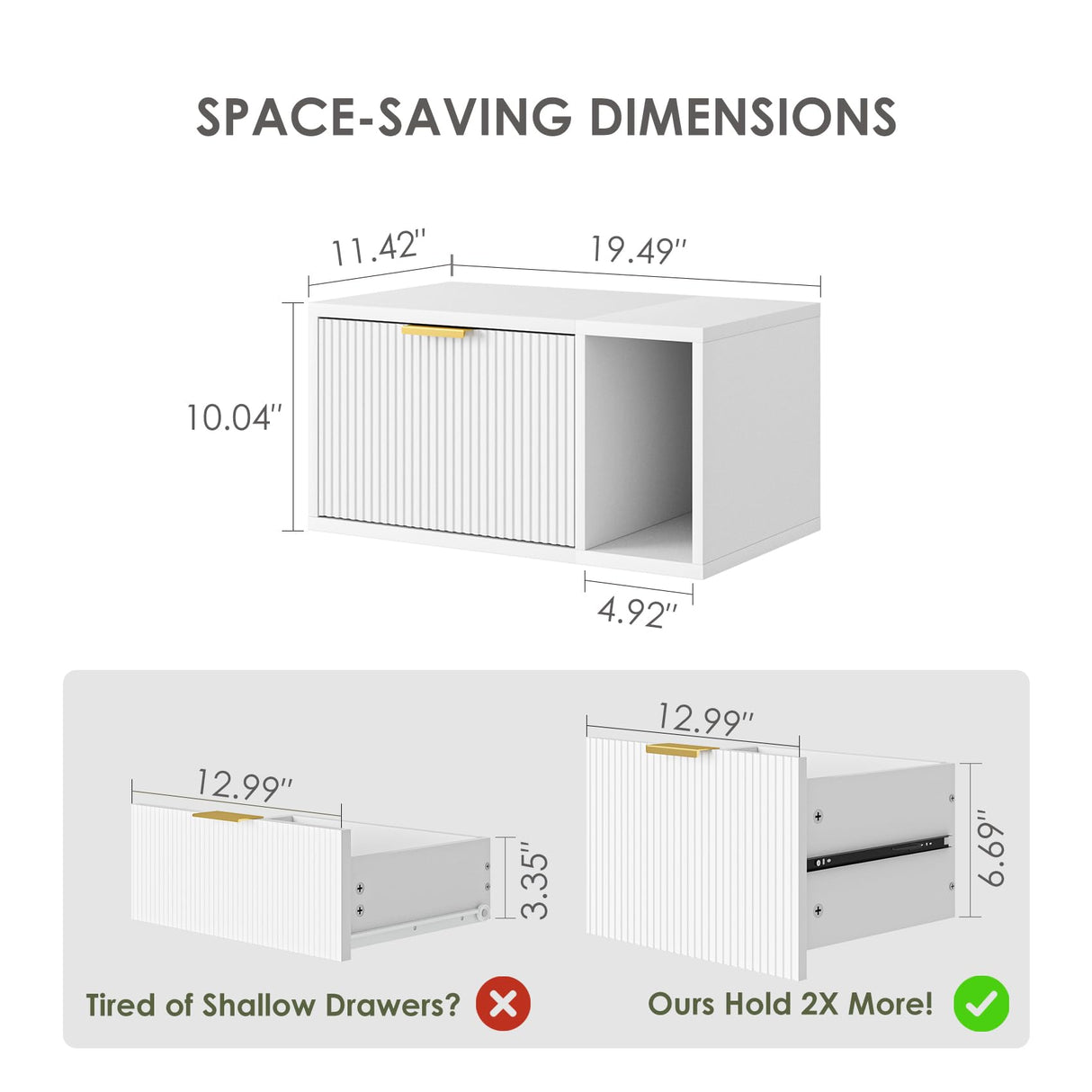 Masupu Floating Nightstand, Wall Mounted Floating Bedside Table with Storage Drawer and Open Shelf, Modern Bedroom Nightstand, 19.3" x 11.4" x 10", White Masupu