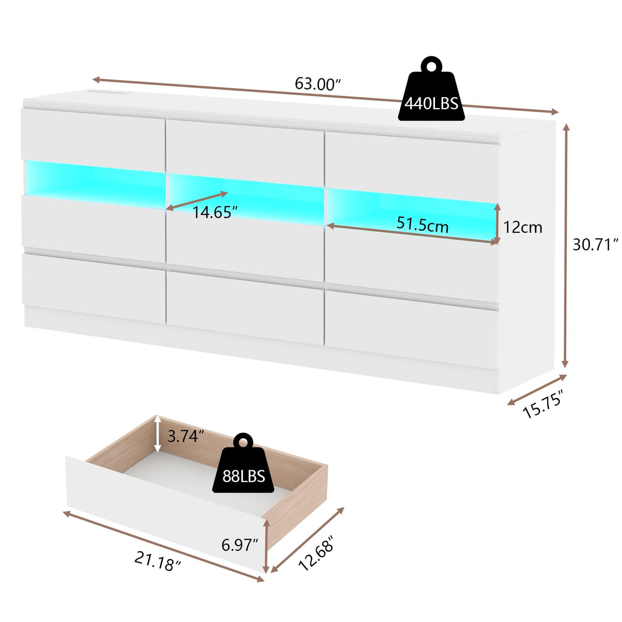 Loomie 9 Drawer Triple Dresser with Charging Station & Led Lights for Bedroom,Long 63" White Dresser TV Stand for TVs up to 75",Wide Large Drawer Dressers Organizer with 3 Open Cubbies for Hallway Loomie