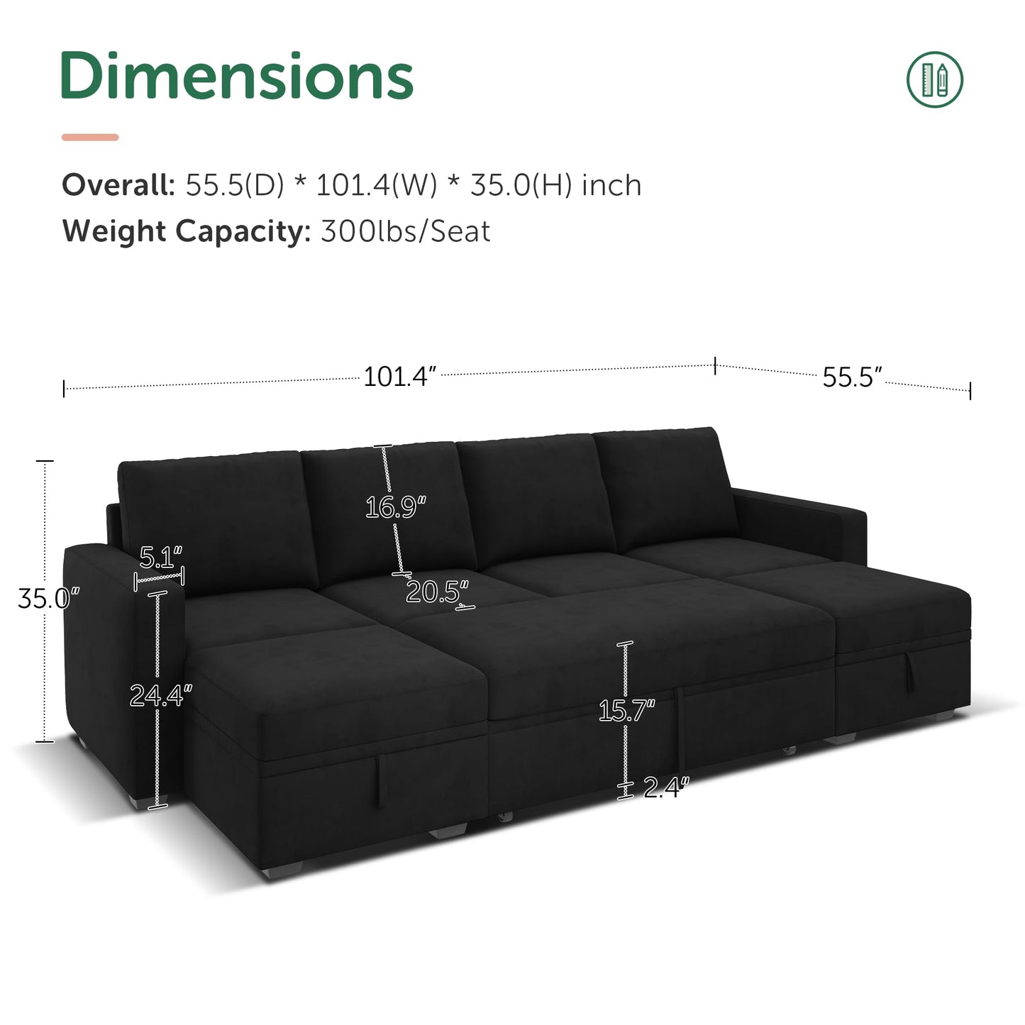 HONBAY Modular Sectional Sleeper Sofa Bed, Velvet Sectional Couch with Pullout Bed U Shaped Modular Couch with Storage Ottoman for Living Room, Black