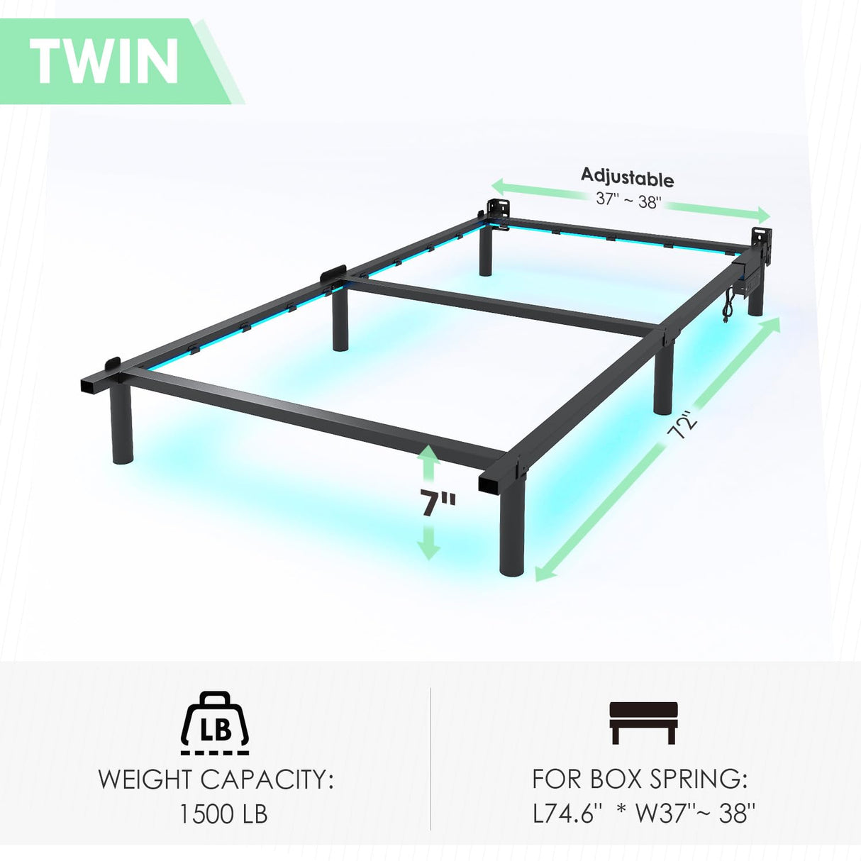 QEROMY Twin Bed Frame for Box Spring, 7 Inch Metal Bed Frame with LED Lights, 9-Legs Support Bed Base, Tool-Free Easy Assembly QEROMY