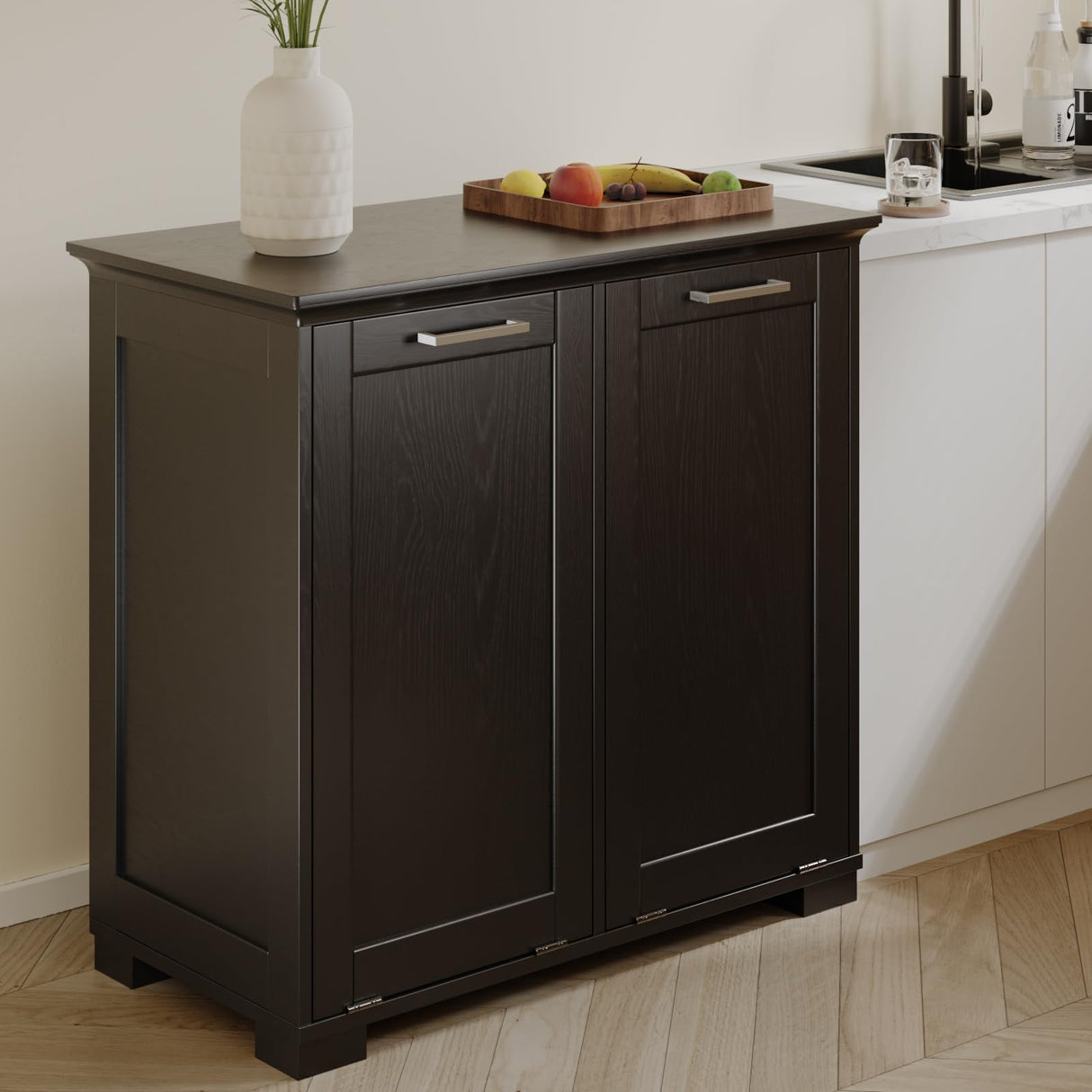 Smhxo Tilt Out Trash Cabinet, Wooden Kitchen Trash Can Cabinet with Deodorising Function, 2 * 10 Gallons Hidden Laundry Sorter Cabinet, Pure Dark Brown Smhxo