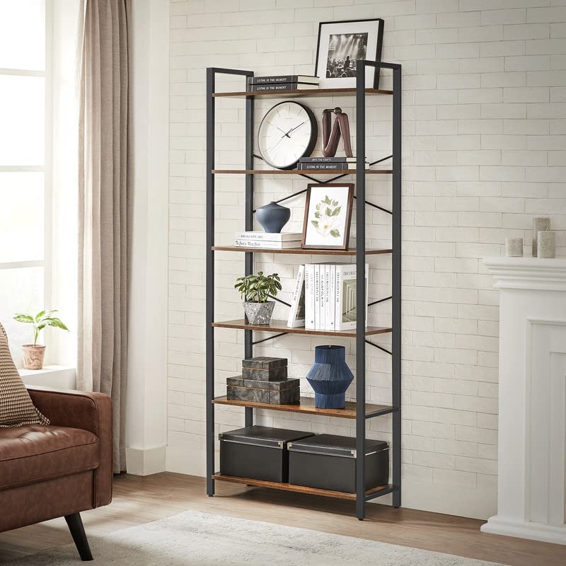VASAGLE Industrial 6-Tier Bookshelf with Steel Frame - Rustic Brown and Black, Ample Storage for Home or Office VASAGLE