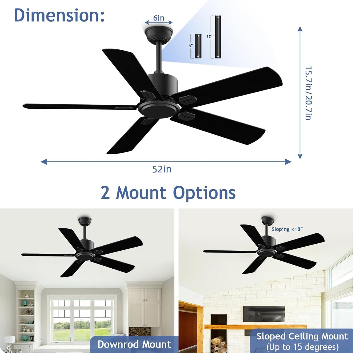 52 Inch Ceiling Fan No Light - Outdoor Indoor Flush Mount Low Profile DC Motor Fan with Remote, 5 Blades Reversible Silent Fan for Patio, Bedroom, Living Room, Garage Biukis