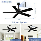 52 Inch Ceiling Fan No Light - Outdoor Indoor Flush Mount Low Profile DC Motor Fan with Remote, 5 Blades Reversible Silent Fan for Patio, Bedroom, Living Room, Garage Biukis