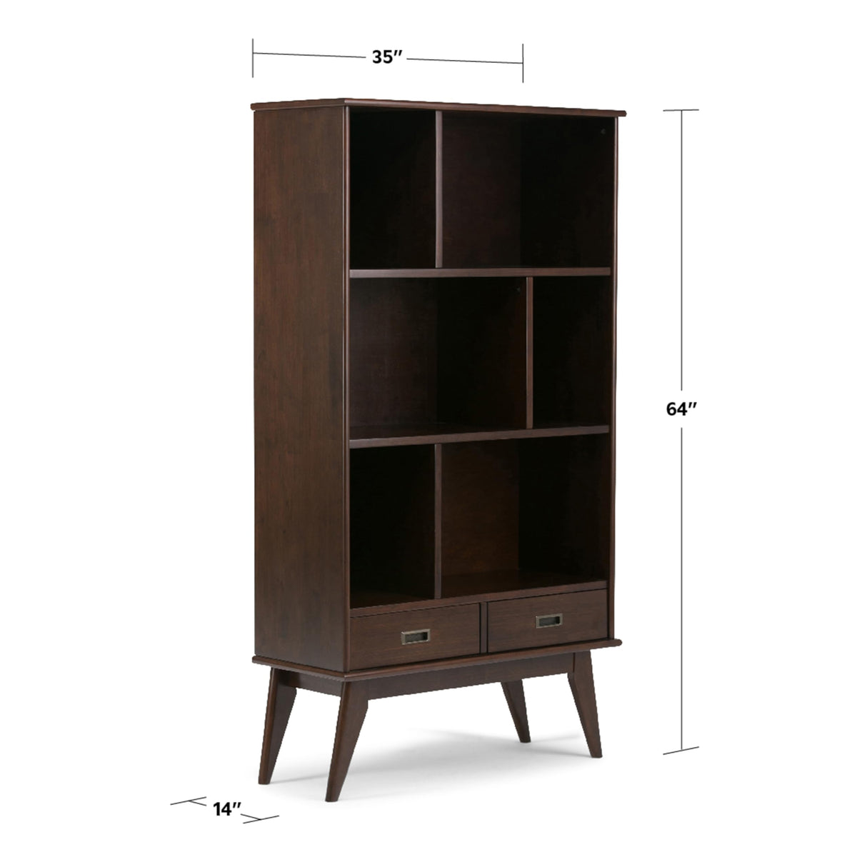 SIMPLIHOME Draper Bookcase - 64 inch Tall Solid Hardwood Wide Storage Bookshelf in Medium Auburn Brown, Mid-Century Modern Storage for Living Room or Office with Adjustable Shelves and Tapered Legs SIMPLIHOME