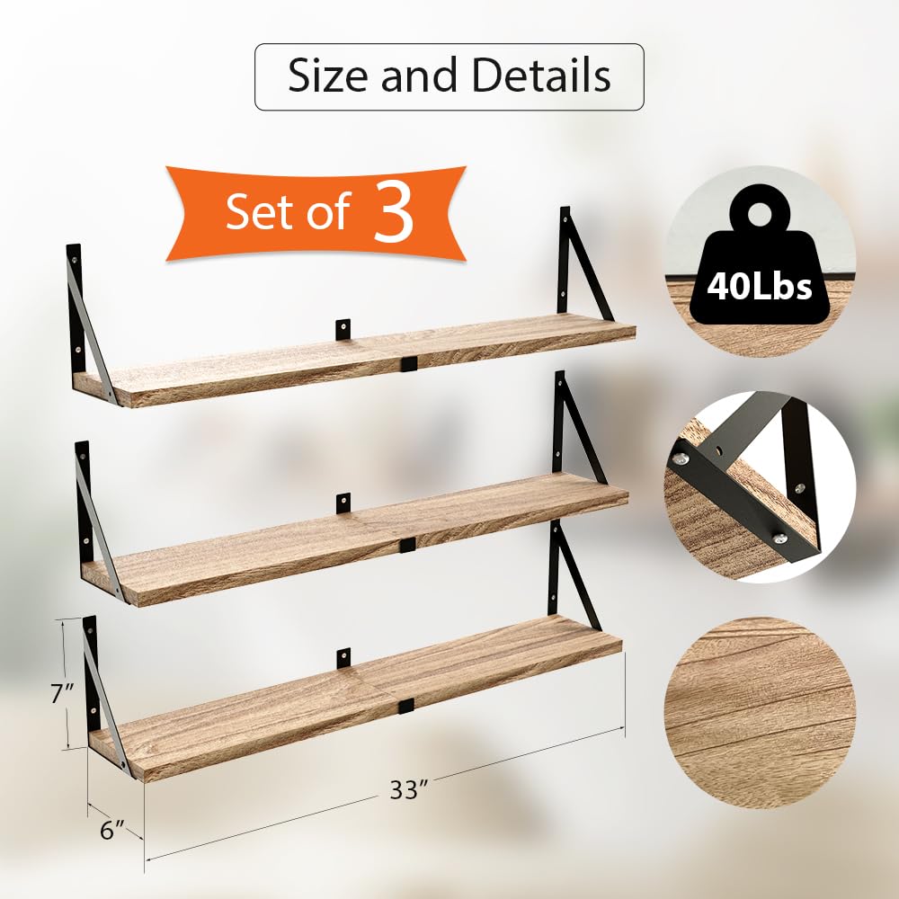 Floating Book Shelves Set of 3, Wall Bookshelf, 33 inch Long Wood Shelf for Wall Storage, Hanging Shelving for Bedroom, Bathroom, Living Room, Kitchen, Office and Plants (Carbonized Black) Senyh