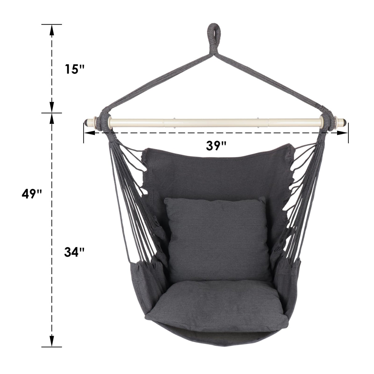 Highwild Hammock Chair Hanging Rope Swing - Max 500 Lbs - 2 Cushions Included - Steel Spreader Bar with Anti-Slip Rings - for Any Indoor or Outdoor Spaces (Grey) Highwild