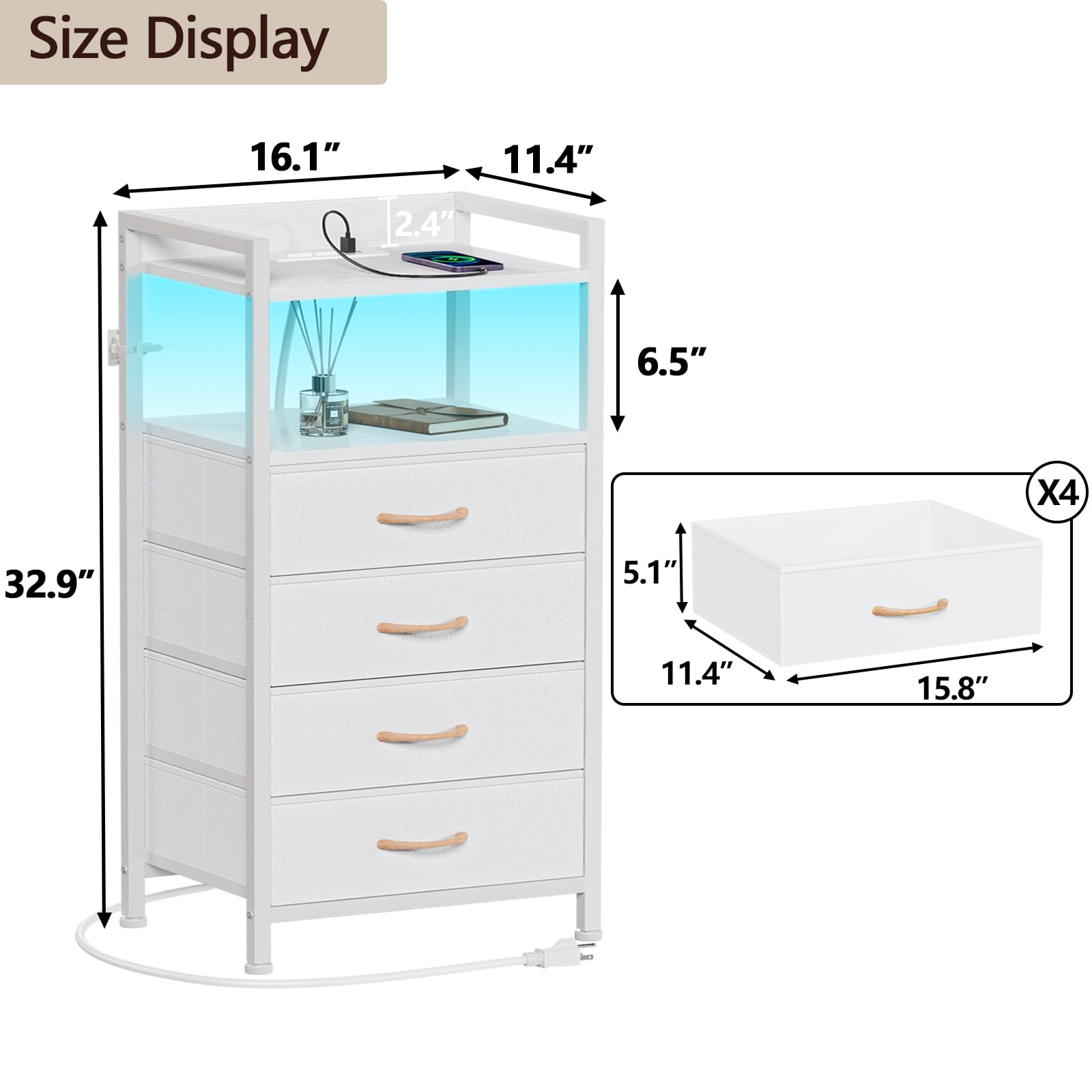 Furnulem White LED Nightstand with 4 Drawers, Charging Station, and Sturdy Metal Frame - WoodArtSupply