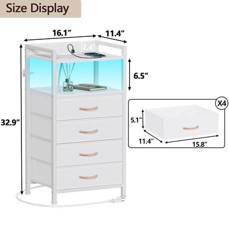 Furnulem White LED Nightstand with 4 Drawers, Charging Station, and Sturdy Metal Frame Furnulem