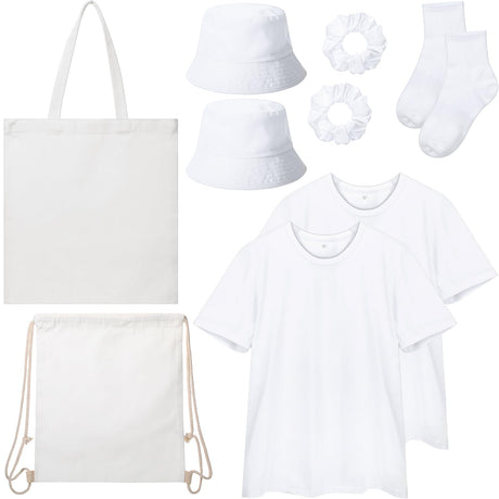 Geyoga 11pcs Sublimation Blanks Softstyle CVC T Shirts Tote Canvas Bags Bucket Hats Scrunchies Drawstring Bags Backpacks Socks Tie Dye Embroidery Kit Geyoga