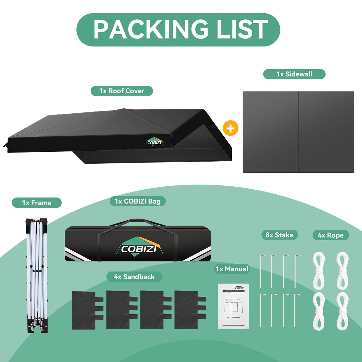 COBIZI Canopy Tent 10x10 Pop Up Canopy with One Button Push Center Lock, Portable Carport with 1 sidewall, 10x10 Carport Canopy for Parties, Commercial, Events, Waterproof, UPF 50+, Black COBIZI