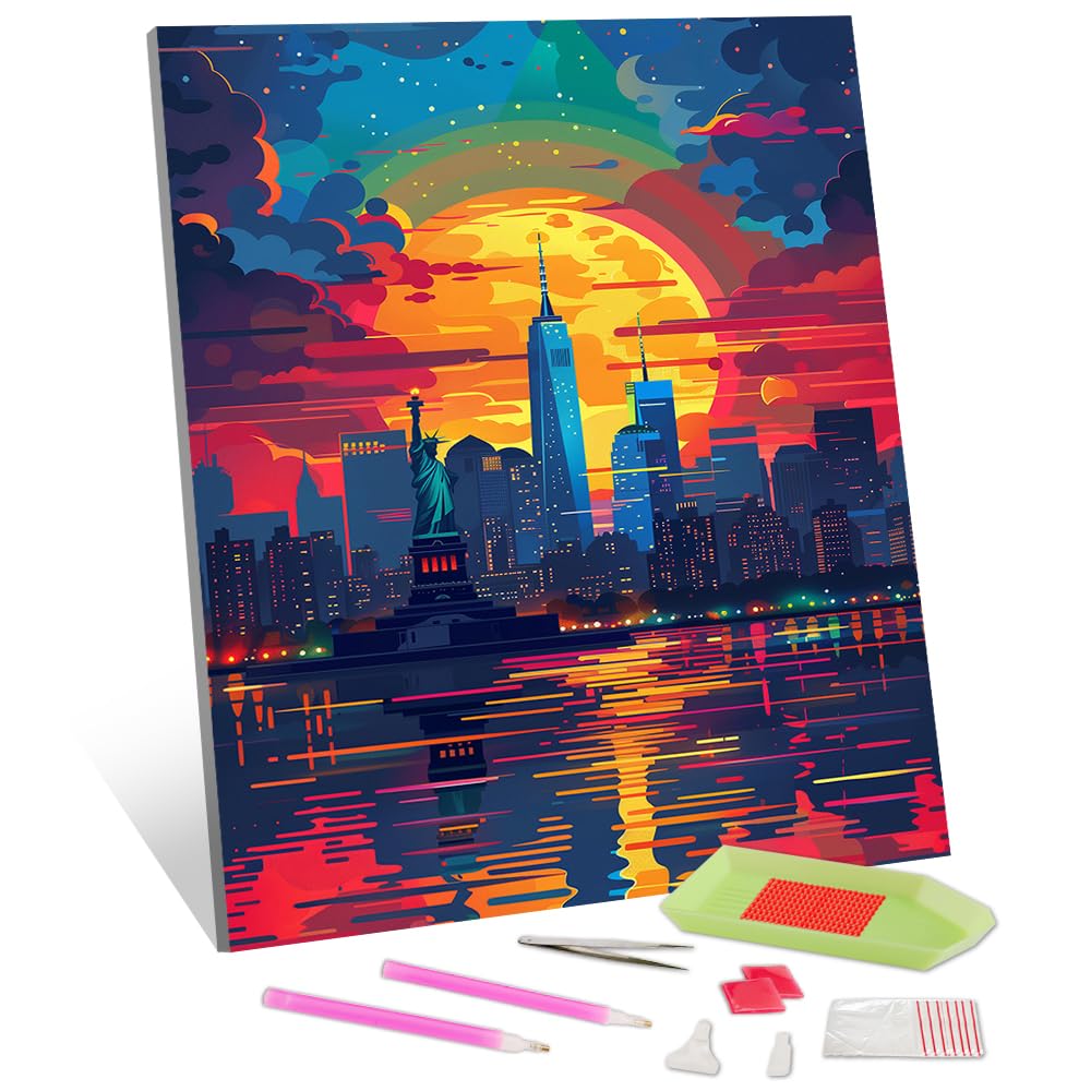 TISHIRON New York City Skyline Diamond Art, Statue of Liberty Diamond Art Kits for Adults, New York City Diamond Painting Round Drill Art Craft Kits for Home Wall Decor Gifts 12X16 Inch TISHIRON