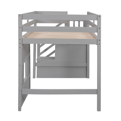 Harper & Bright Designs Grey Twin Size Low Loft Bed with Stairs and Playhouse Window - WoodArtSupply