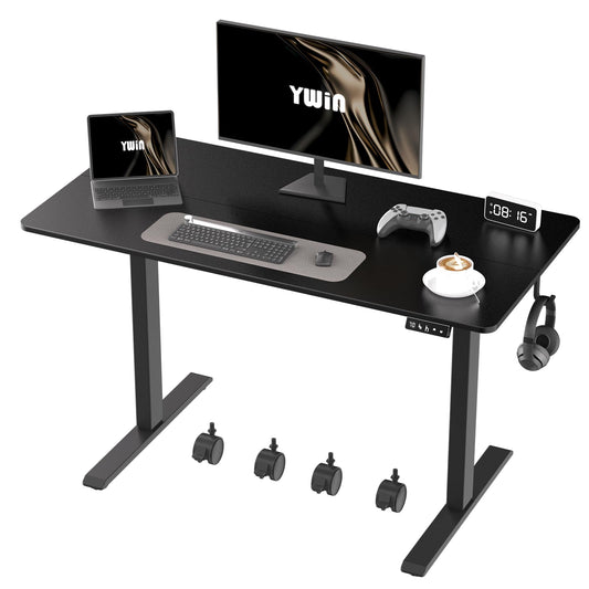 Ywin Electric Height Adjustable Standing Desk, Sit Stand Desk Workstations with Hook, Ergonomic Desk for Home Office Stand Up Desk with Wheels (Black, 48 * 24 inch)