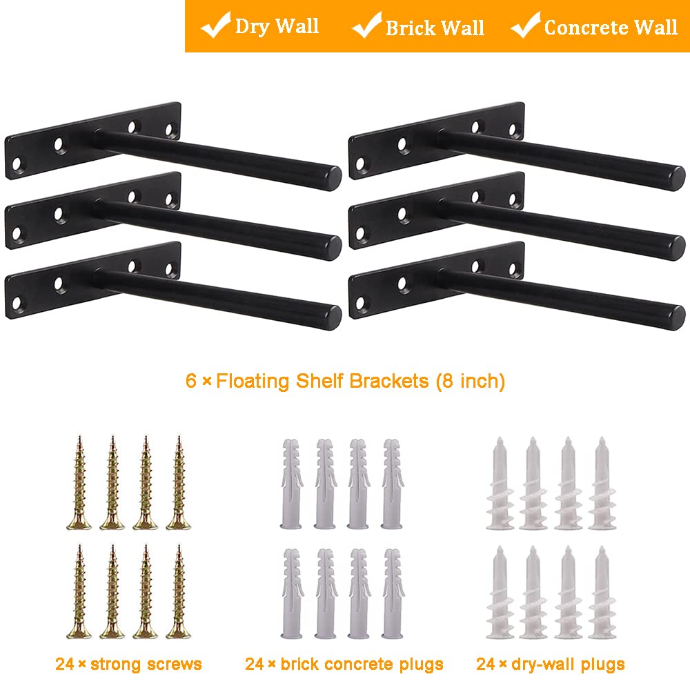 Blind Floating Shelf Brackets - DIY Heavy Duty 8 inch Wall Shelf Brackets, Solid Stainless Steel Matte Black Hidden Support with Hardware for Custom Wood Shelves (6 pack) YMDparts