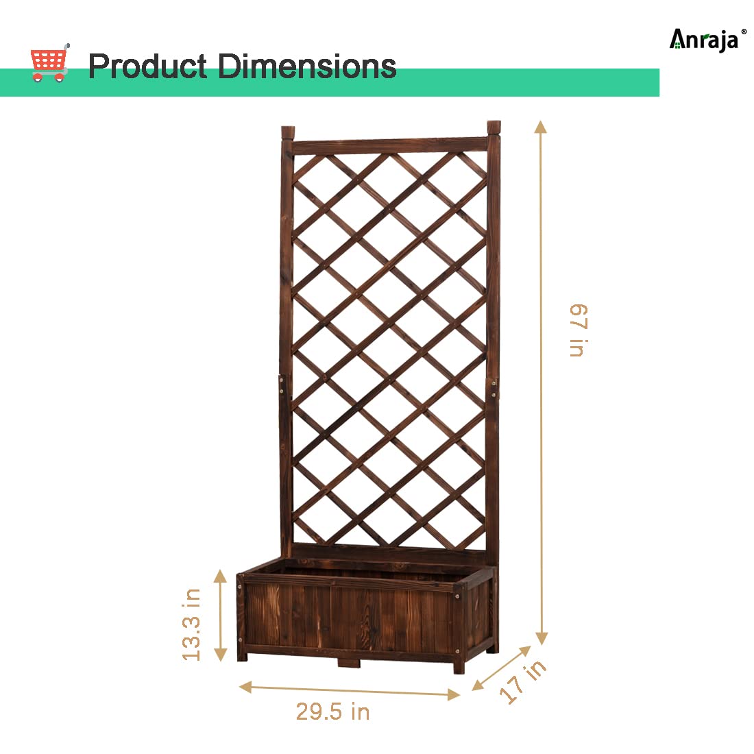 Anraja Raised Garden Bed Planter with Trellis Outdoor Wood Box 67in Set of 2 Flower Standing Planter Box Privacy Lattice Panels with Legs for Patio Porch w/Drainage Holes - WoodArtSupply