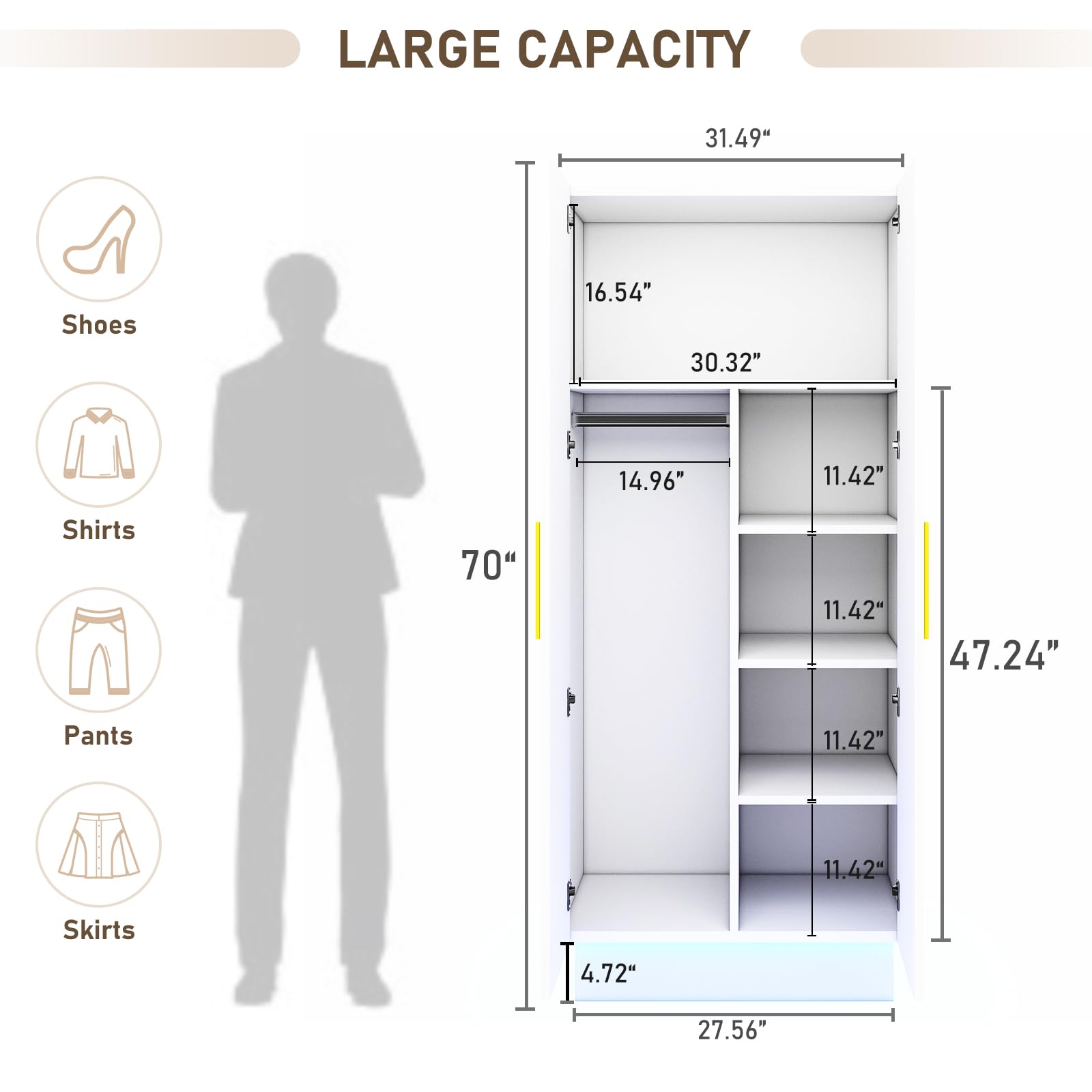 Hlivelood Modern 70in LED 2 Doors Armoires Wardrobe Closet&Cabinet with Hanging Rod, Freestanding Bedroom Armoires with RGB LED 6000-color Lights,Wardrobe Clothes Organizer (White-2 Door Armo - WoodArtSupply