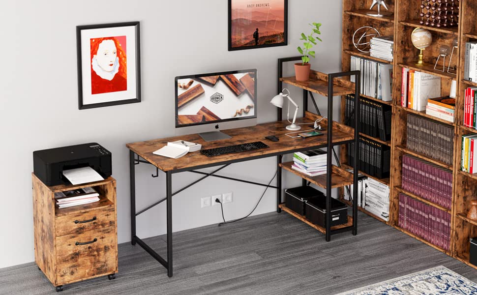 IRONCK Computer Desk 47" with Power Outlet & Storage Shelves, Study Writing Table with USB Ports Charging Station, PC Desk Workstation for Home Office, Rustic Brown IRONCK