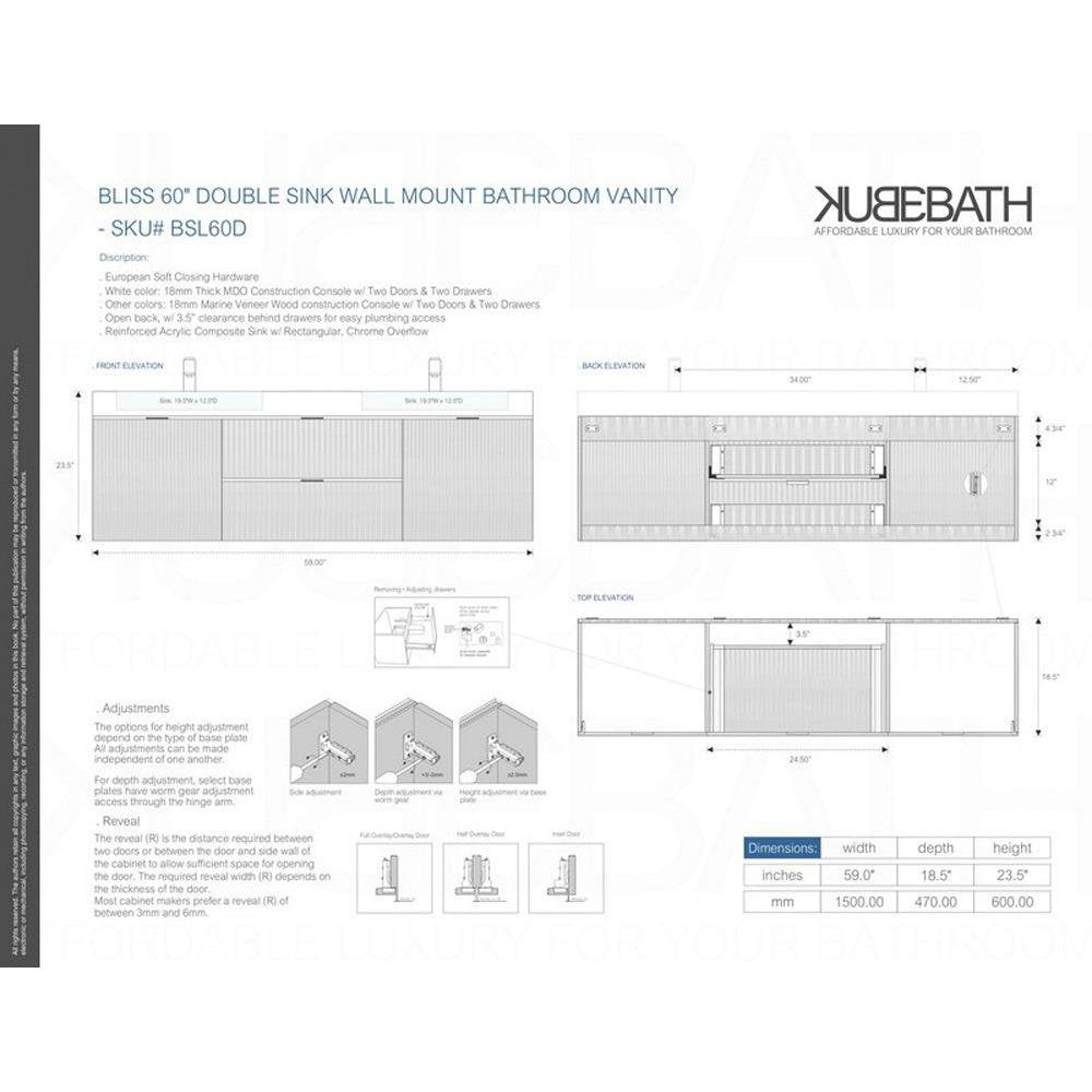 Kubebath Bliss 60" Double Sink High Gloss White Wall Mount Floating Modern Bathroom Vanity Kube Bath