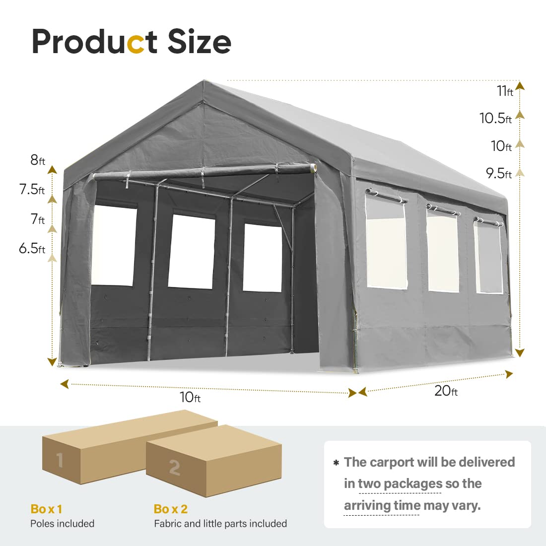 ADVANCE OUTDOOR 10x20 ft Heavy Duty Carports with 6 Roll-up Ventilated Windows & Removable Sidewalls Car Canopy Garage Boat Shelter Party Tent, Adjustable Peak Height from 9.5ft to 11ft, Gray ADVANCE OUTDOOR